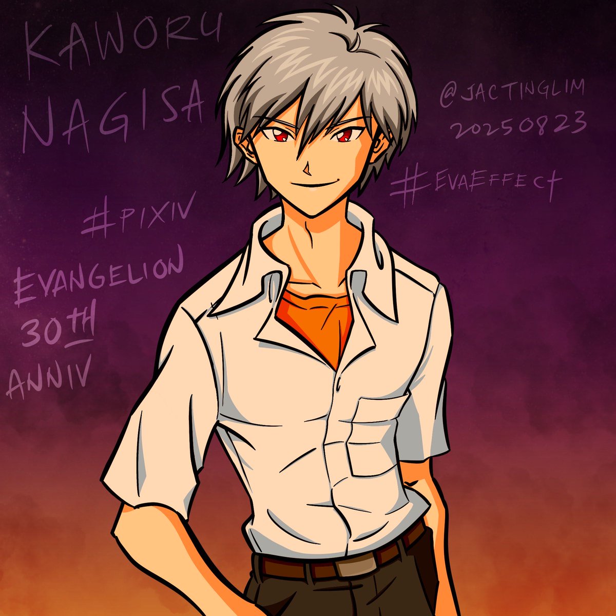 pixiv.net/artworks/13421… Made my first #Evangelion fanart featuring Kaworu Nagisa to get that limited-time #EvaEffect in <a href="/pixiv/">pixiv</a> #eva30th