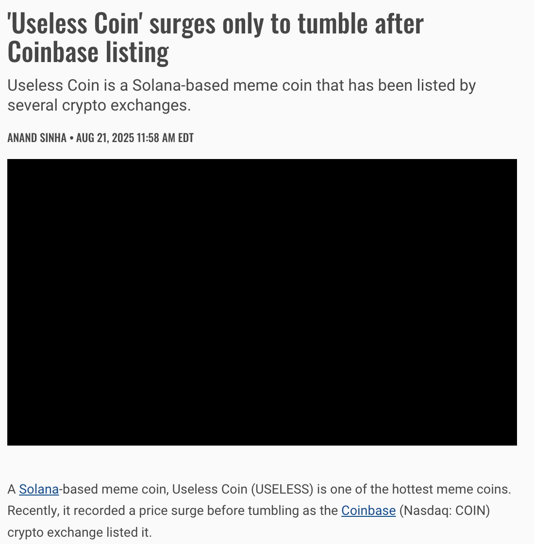 Screenshot of The Street article on Useless Coin's Coinbase listing and price surge