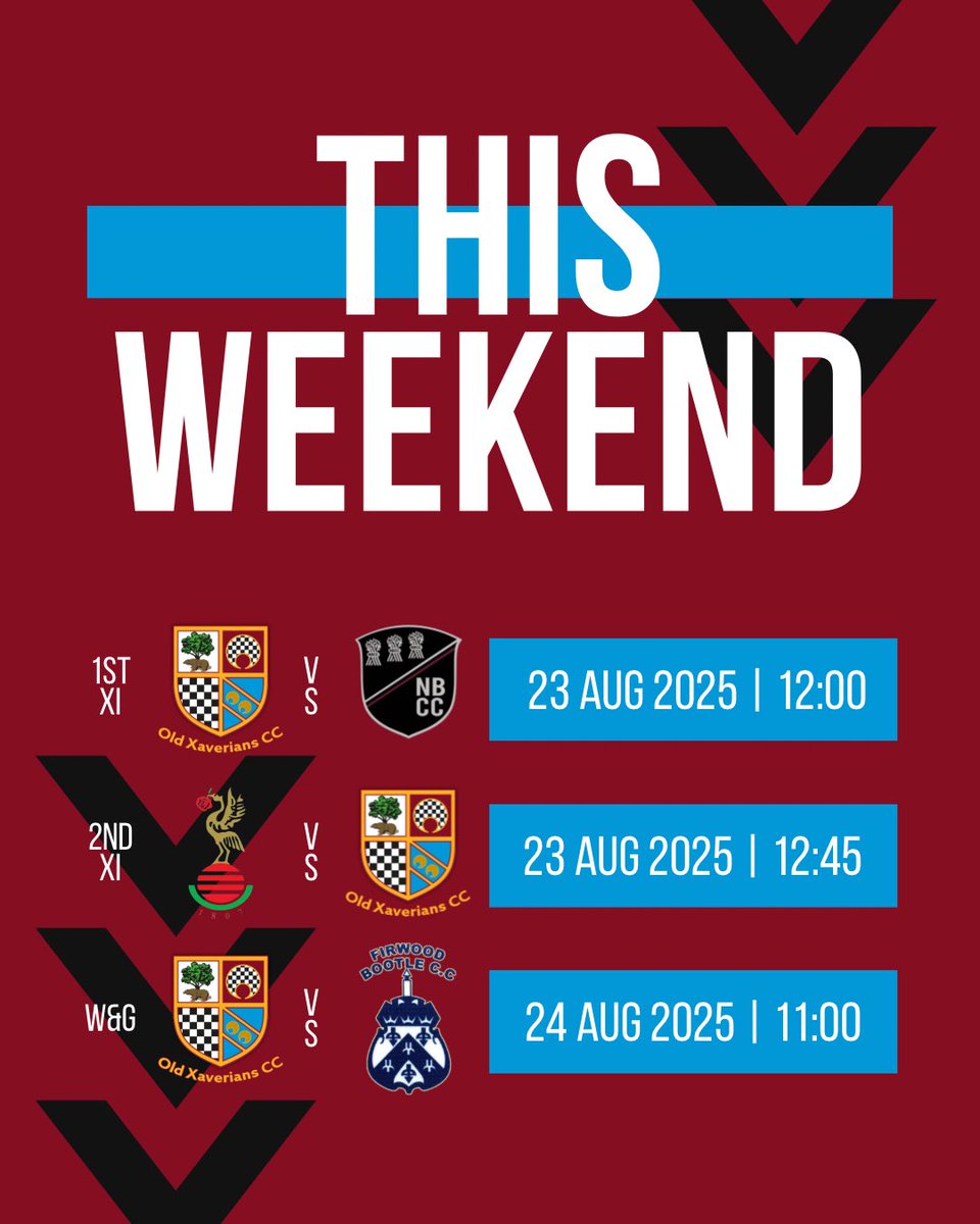 Old Xaverians CC (@oldxavscc) on Twitter photo ‼️THIS WEEKEND‼️
On Saturday, the 1st XI welcome <a href="/NBCC1856/">New Brighton Cricket & Bowling Club</a> and the 2nd XI travel down the road to <a href="/Liverpool_CC/">Liverpool Cricket Club</a>. On Sunday, our <a href="/oxcc_women/">Old Xaverians Women's Cricket Team</a> host <a href="/FBCC1833/">Firwood Bootle C.C.</a> 🏏 ‼️THIS WEEKEND‼️
On Saturday, the 1st XI welcome <a href="/NBCC1856/">New Brighton Cricket & Bowling Club</a> and the 2nd XI travel down the road to <a href="/Liverpool_CC/">Liverpool Cricket Club</a>. On Sunday, our <a href="/oxcc_women/">Old Xaverians Women's Cricket Team</a> host <a href="/FBCC1833/">Firwood Bootle C.C.</a> 🏏