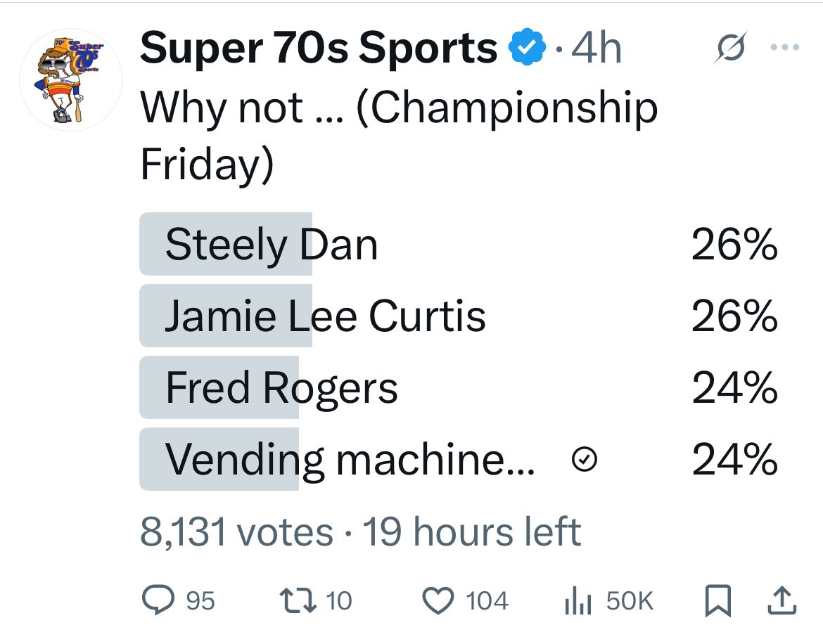 lancemason71's tweet photo. @Super70sSports @ronnietshirts really need to work on the parity within these polls. https://t.co/f49sD5mREf
