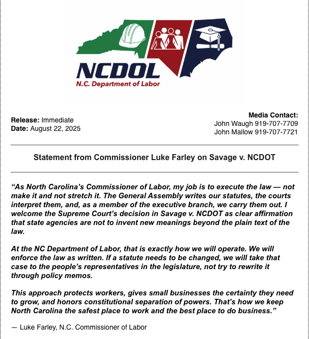 Alex Baltzegar (@alexbaltzegar) on Twitter photo We appreciate Commissioner <a href="/LukeFarleyNC/">Luke Farley</a>'s clear commitment to enforcing the law as written. His leadership brings certainty for businesses and protects workers across North Carolina.
#ncpol We appreciate Commissioner <a href="/LukeFarleyNC/">Luke Farley</a>'s clear commitment to enforcing the law as written. His leadership brings certainty for businesses and protects workers across North Carolina.
#ncpol
