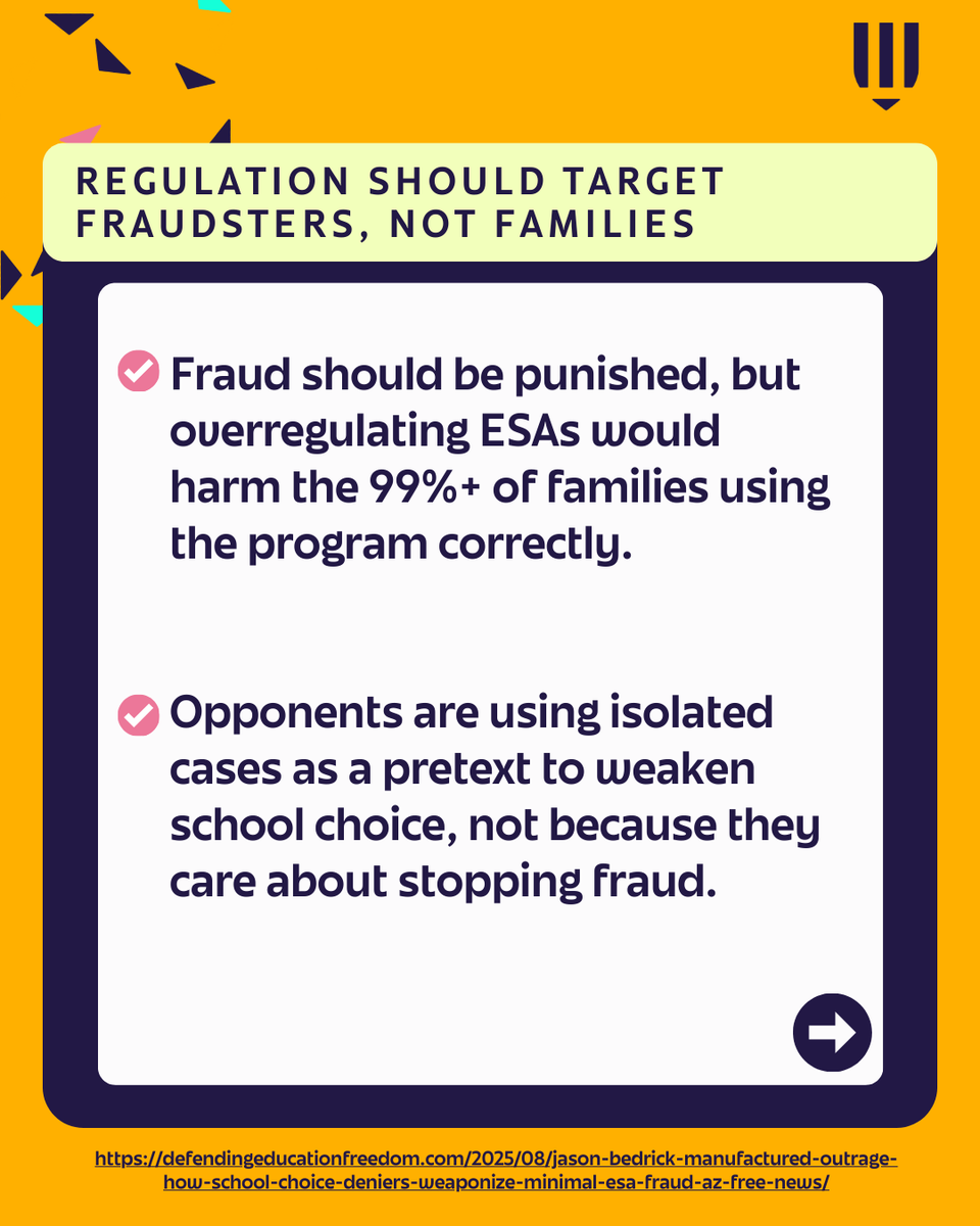 DefendEdFreedom's tweet photo. ESAs and Fraud? Less than 0.1%. ✅ 99%+ of families use their ESA responsibly at half the cost of district schools!

Great breakdown by @JasonBedrick 👏
👉 https://t.co/EEqUAsFOJU https://t.co/FYjQw67cyv