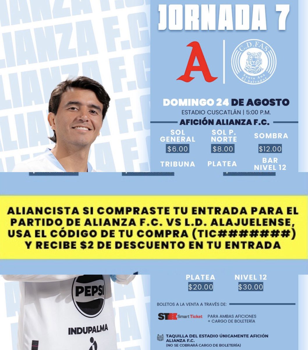 ⚪️👀 Ojo, afición de Alianza

La junta directiva de los albos lanzó una medida especial para apoyar a su gente y que el estadio luzca lleno este domingo ante FAS. 🐯🔥

👉 Todos los aficionados que asistieron al partido contra Alajuelense recibirán un descuento especial en la