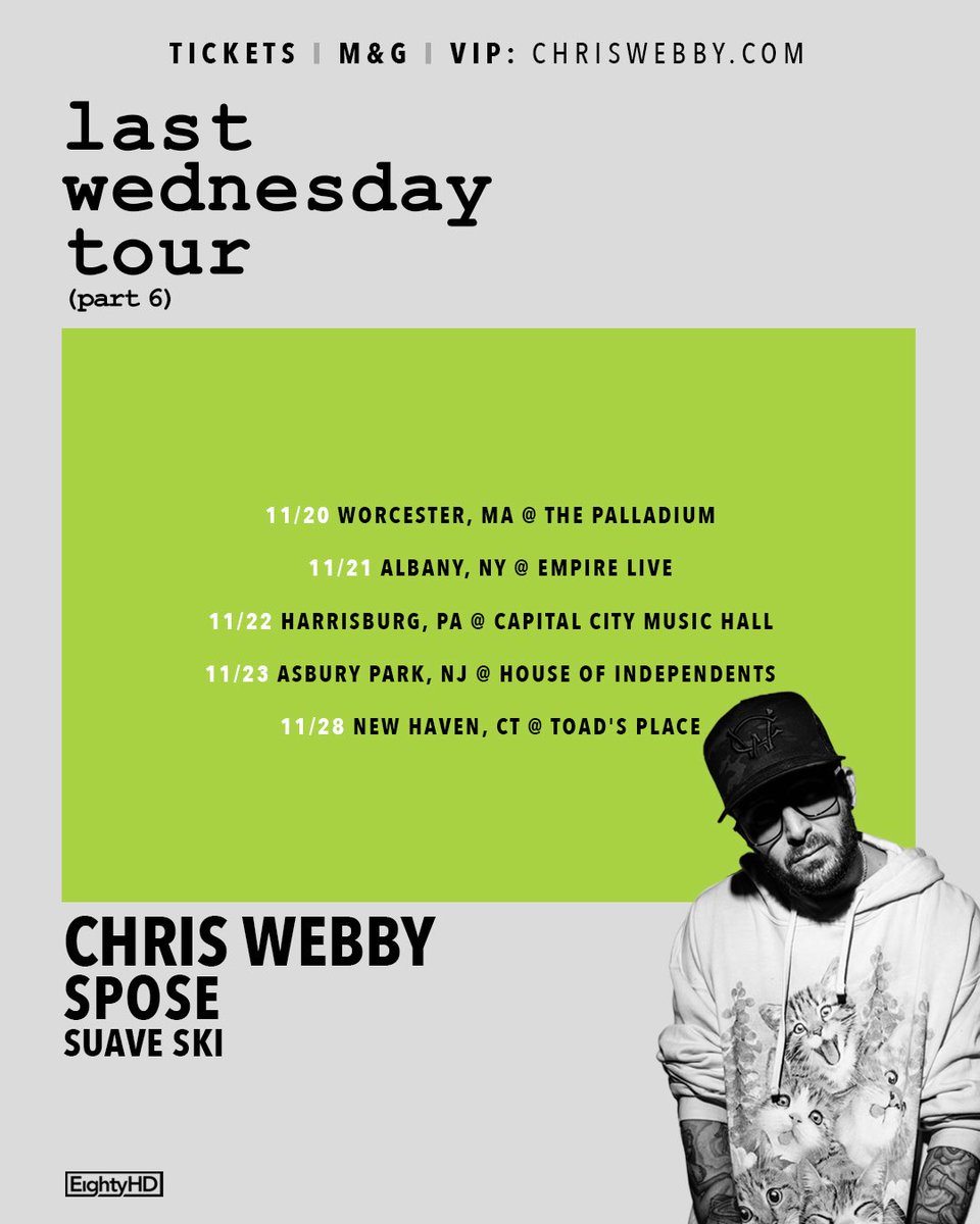 ChrisWebby's tweet photo. The FINAL LEG of the #LastWednesdayTour was just announced and will be hitting a few select cities in the north east this November !!

These will be the LAST shows that I play this set for, which goes chronologically through all the Wednesday albums.. after this run it will be retired forever !!

To celebrate the gravity of this moment within the WebbyVerse, I’ll be bringing out a full band (including my dad on guitar) to really bring these songs to life in a way that will exclusive to only these dates !!

Each and every one of these shows will be an absolute banger… 

And it all ends at the 16th Annual Black Friday show at Toads Place in CT, the place that this entire touring journey more or less began almost 2 decades ago.

Get your tickets / meet & greets at https://t.co/OmxaUovuaT and buckle up for a party of massive proportions 🙏🏻🫡🕸