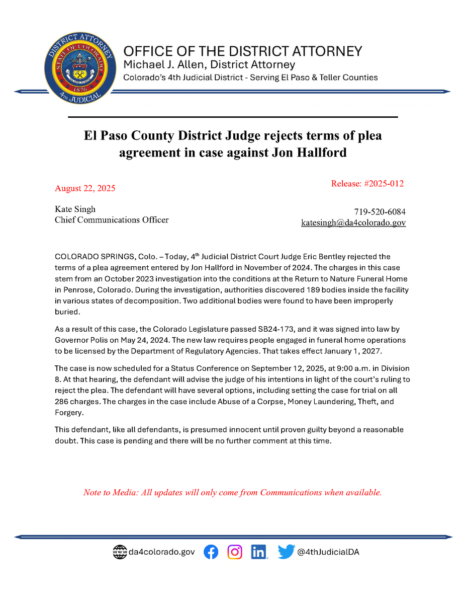 4th Judicial District Court Judge Eric Bentley rejects terms of plea agreement entered by Jon Hallford in November 2024. The charges in this case stem from an October 2023 investigation into the conditions at the Return to Nature Funeral Home in Penrose, Colorado.
