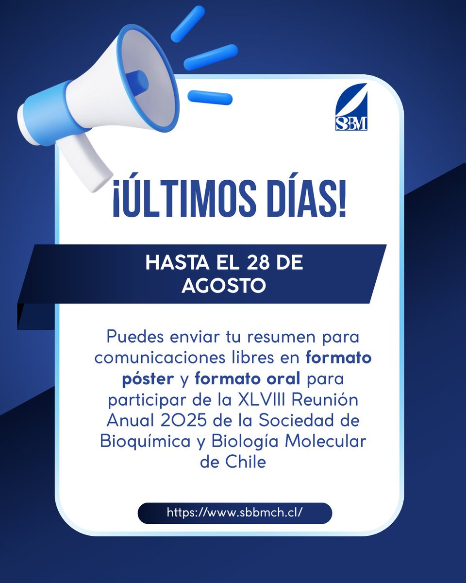 Sbbm_cl's tweet image. ¡Queda muy poco para el encuentro más importante de la bioquímica y Biología molecular en Chile! 📌🧬🧫 . 

Toda la información que necesitas para inscribirte y participar en nuestra web: sbbmch.cl/reunion-anual-…🔗