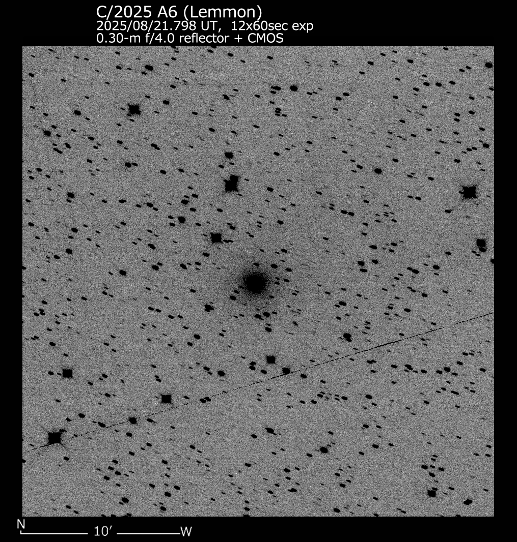 今朝は寝過ごしたので、、、
昨日08/21UTのC/2025 A6です。
C/2025 A6 (Lemmon)
Aug. 21.80, 11.2V, 3'.9 (0.30-m f/4.0 reflector + CMOS);
※画像はL filter
#Cometobs