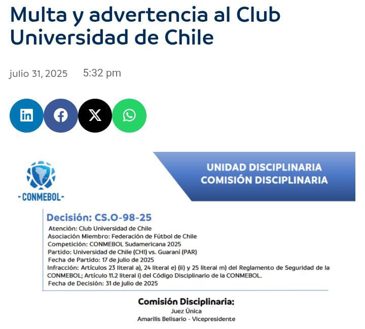 MisticaIFC's tweet photo. La U de Chile ya estaba advertida desde el partido con Guarani en que si volvía a ser reincidente tendría que ser sancionada con el artículo 27. El cual menciona la pérdida del partido.

Está claro que viendo los hechos y los antecedentes, debe pasar Independiente. https://t.co/Jb9bXNnAcl