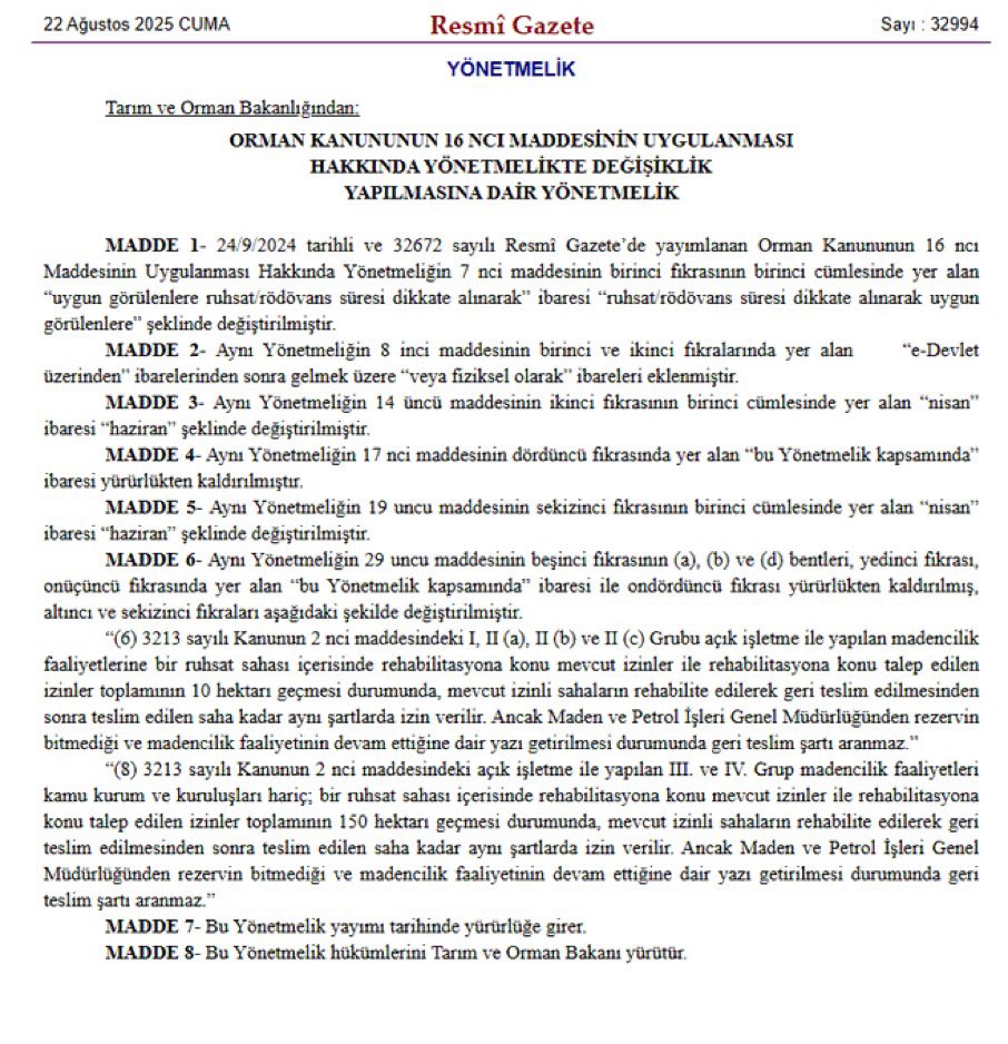 Madencilik için sınır kalmadı.

📍Yerleşimlere 500 metre, kıyıya 5 kilometre, otoyol kenarındaki ormanlara kadar madenciliğe izin verildi.

-Resmi Gazete