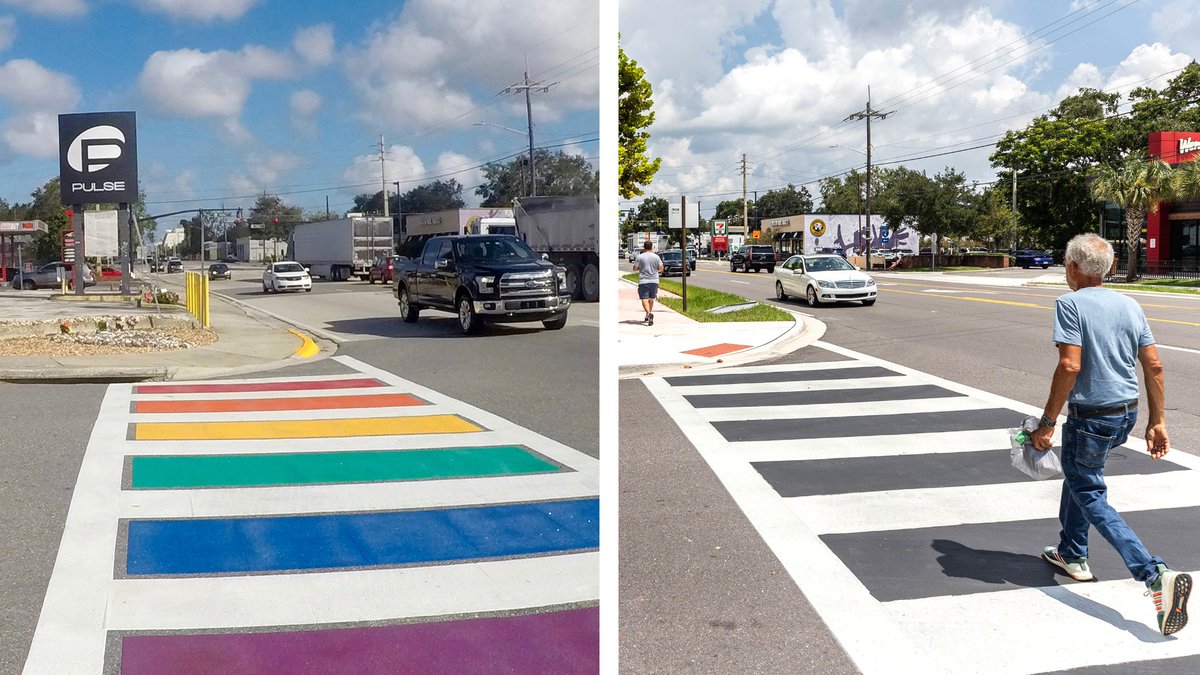 XMetaTrooperX's tweet photo. BREAKING: Florida erases the Pride crosswalk outside Pulse nightclub.

Activists tried chalking it but was washed away fast. Roads should serve traffic, not activism. DeSantis is restoring order. Let us know what you think! #PulseCrosswalk #StopTheWoke #AmericaFirst #RestoreOrder https://t.co/4cNJRLlazj