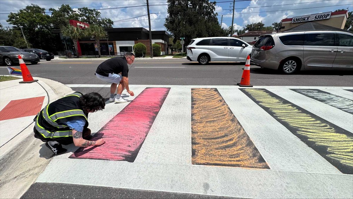 XMetaTrooperX's tweet photo. BREAKING: Florida erases the Pride crosswalk outside Pulse nightclub.

Activists tried chalking it but was washed away fast. Roads should serve traffic, not activism. DeSantis is restoring order. Let us know what you think! #PulseCrosswalk #StopTheWoke #AmericaFirst #RestoreOrder https://t.co/4cNJRLlazj
