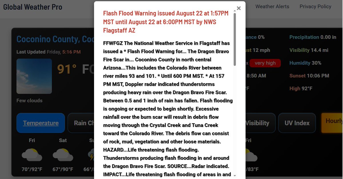 Point Forecaster for Android (@point_forecast) on Twitter photo #FlashFlood #Flood #AZwx
<a href="/NWSFlashFlood/">@NWSFlashFlood</a> has issued a Flash Flood Warning for Coconino County, AZ until 6:00 PM MST
globalweatherpro.com/weather-alerts… #FlashFlood #Flood #AZwx
<a href="/NWSFlashFlood/">@NWSFlashFlood</a> has issued a Flash Flood Warning for Coconino County, AZ until 6:00 PM MST
globalweatherpro.com/weather-alerts…