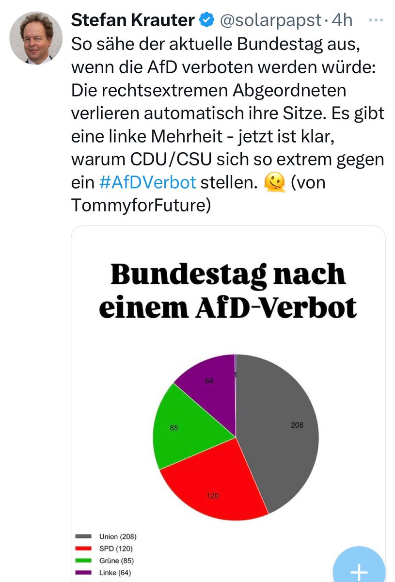 Anna Vero Wendland (@verowendland) on Twitter photo Jetzt ist klar, warum <a href="/solarpapst/">Stefan Krauter</a> so extrem für ein AfD-Verbot ist. Nicht aus Antifaschismus, sondern aus dem Willen, eine Minderheit zur Mehrheit umzudeklarieren („Bolschewiki“), die dann der EE-Lobby nach dem Munde regiert, der dieser Mann nahesteht. Jetzt ist klar, warum <a href="/solarpapst/">Stefan Krauter</a> so extrem für ein AfD-Verbot ist. Nicht aus Antifaschismus, sondern aus dem Willen, eine Minderheit zur Mehrheit umzudeklarieren („Bolschewiki“), die dann der EE-Lobby nach dem Munde regiert, der dieser Mann nahesteht.