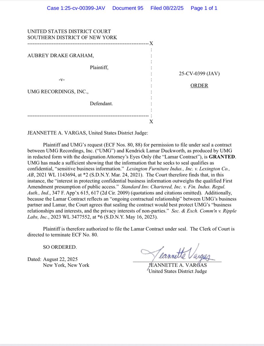 📣 Update

Judge Jeannette A. Vargas has GRANTED both Drake’s legal team and UMG Recordings’ request to file the redacted version of Kendrick Lamar’s recording contract under seal. The parties requested this to protect confidential information and comply with the previous Court