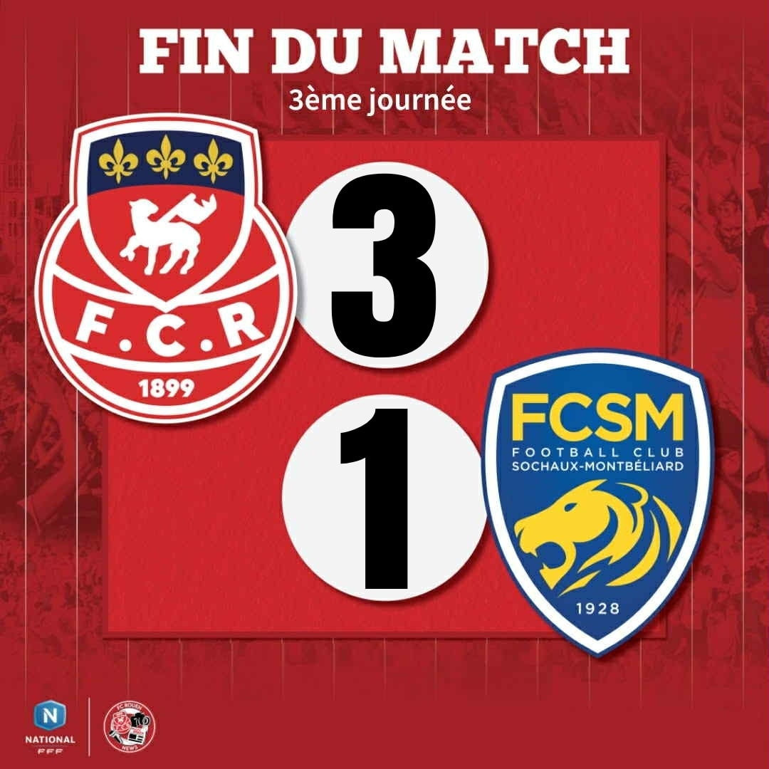 🚨 𝟵𝟬' 𝗙𝗶𝗻 𝗱𝘂 𝗺𝗮𝘁𝗰𝗵 : FC Rouen 3-1 Sochaux. 𝗟𝗲𝘀 𝗗𝗶𝗮𝗯𝗹𝗲𝘀 𝗥𝗼𝘂𝗴𝗲𝘀 𝘀'𝗶𝗺𝗽𝗼𝘀𝗲𝗻𝘁.⏳🔴⚪

🎯 Benzia
🎯 Bassin
🎯 Gerbeaud

🔜 Valenciennes 

#TeamFCR #Rouen #Normandie #NationalFFF