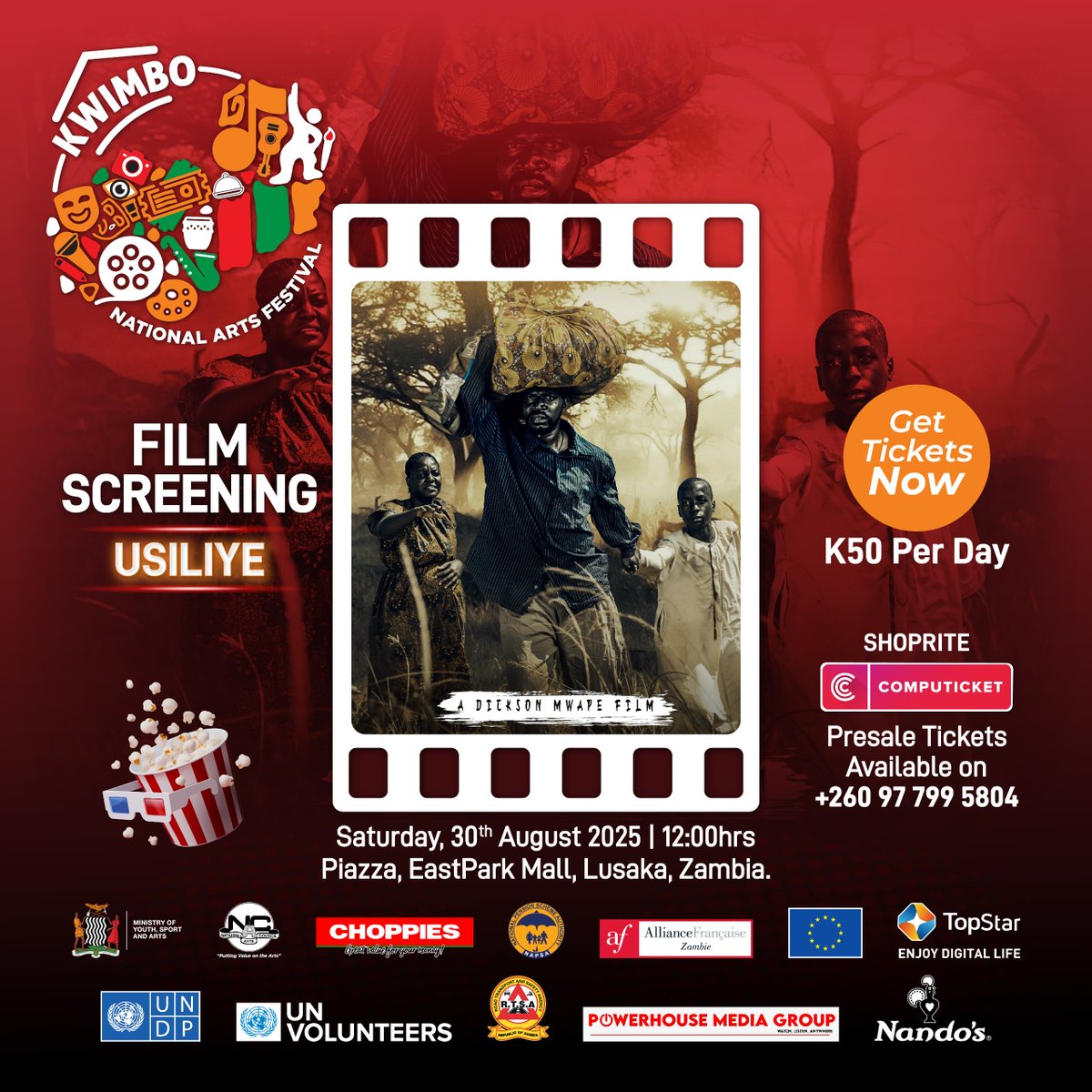 CreativeAf71979's tweet photo. Lights, camera, action! 🎬 Watch the powerful film ‘Usiliye’ at #KNAF2025, Aug 28–31, Piazza – Eastpark Mall. Tickets K50/day at Shoprite 🎟️

@KwimboNartsfest 

#KNAF2025 #KwimboNAF2025 #KwimboNationalArtsFestival #zambia https://t.co/e0u3hHDcx6