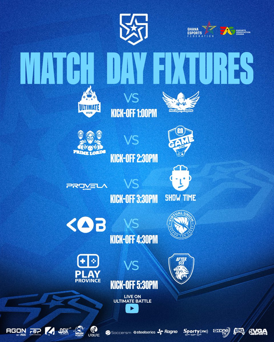 PEsportsleague's tweet photo. 🔥 The action continues!
Catch us LIVE tomorrow at the 4Syte TV Mansion for MATCH WEEK 3 of the Ghana Esports League 🎮🇬🇭

👀 Which #MatchWeek3 fixture are you most hyped for? 

@UltimateHub255 vs @plus_legends 
@primeautoesport vs #EnGameTime
@ProvelaEsports vs #Showtime 
#KABGaming vs @VirtualUnion 
@PlayProvince vs @after6ixx 

Drop your predictions below! ⬇️
#GhanaEsports #GEL #EsportsGhana