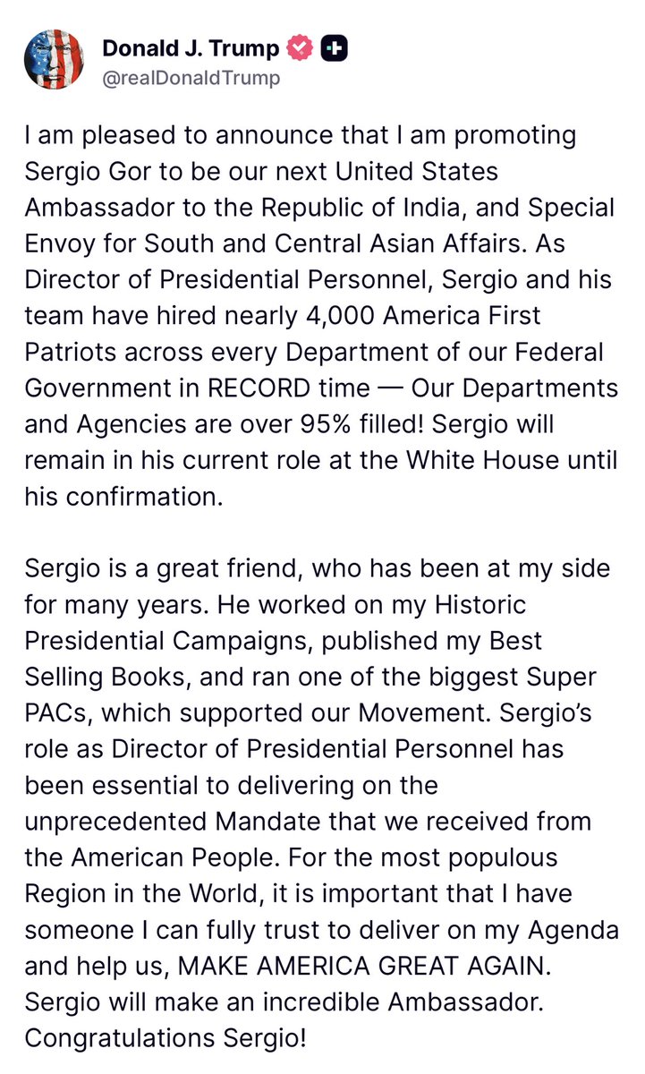 JD Vance (@jdvance) on Twitter photo Sergio is a great guy and will make a fantastic ambassador for our country to India. So much of our success over the last few months was due to Sergio’s hard work. I’m grateful to POTUS for giving him this new role. Sergio is a great guy and will make a fantastic ambassador for our country to India. So much of our success over the last few months was due to Sergio’s hard work. I’m grateful to POTUS for giving him this new role.