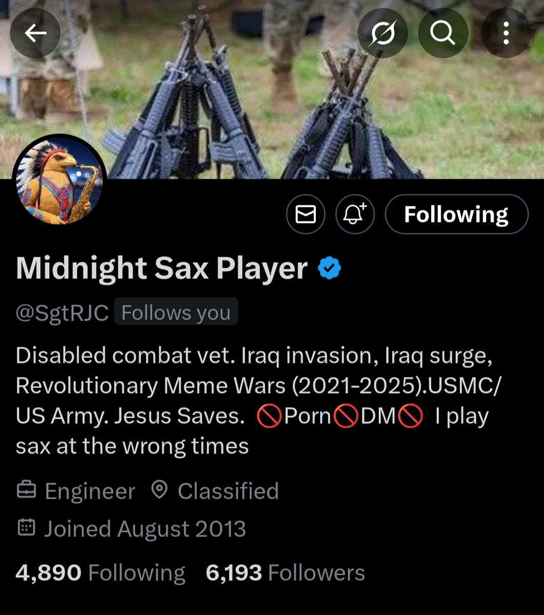 cjrseabee3 (@codyrussel70504) on Twitter photo Hello friends!
Meet my friend <a href="/SgtRJC/">Midnight Sax Player</a> he's a veteran who served in Iraq, he's a great friend, and he's hilarious!
Let's show him how much we appreciate our veterans and make him smile today!
One team, One fight! ๐บ๐ฒ Hello friends!
Meet my friend <a href="/SgtRJC/">Midnight Sax Player</a> he's a veteran who served in Iraq, he's a great friend, and he's hilarious!
Let's show him how much we appreciate our veterans and make him smile today!
One team, One fight! ๐บ๐ฒ