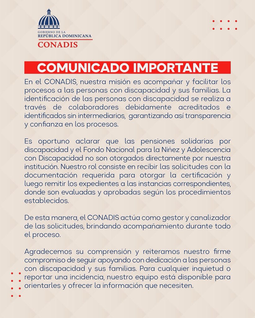 ConadisRD's tweet image. 📢 Comunicado oficial del CONADIS.

#ComunicadoCONADIS #Aviso #CONADISConTodos