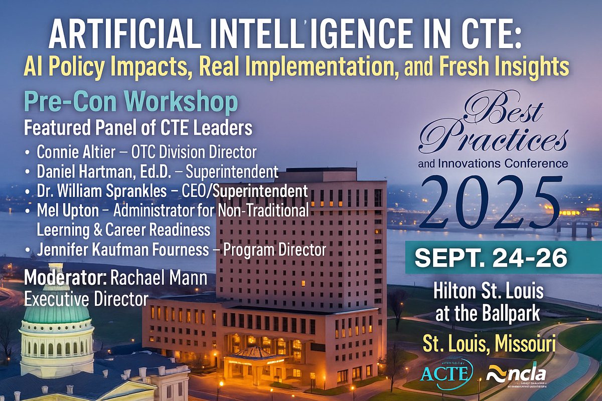 NCLA_CTE's tweet image. 🚨 Less than 5 weeks to #BPCTE25!

Pre-Con Workshop Spotlight: Artificial Intelligence in CTE
➡️ AI’s impact across Career Clusters
➡️ Hands-on tools
➡️ AI Policies &amp;amp; Guidance

📅 Sept 24 | 8:00 a.m.–Noon
🔗 Register: s1.goeshow.com/acte/best_prac…

#AIinCTE #AIFocusedFridays