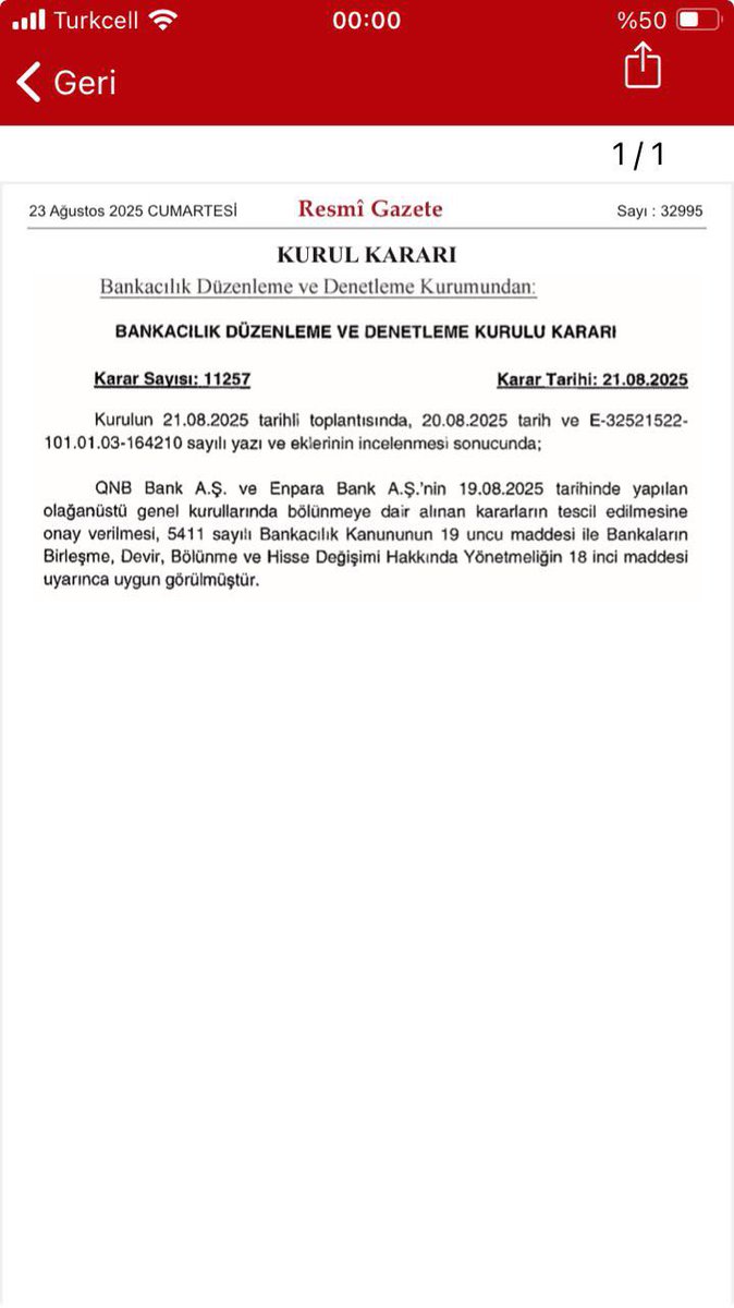 #QNBTR #ENPARABANK 
19 Ağustos yapılan kurul işlemlerinin BDDK tarafından onaylanması