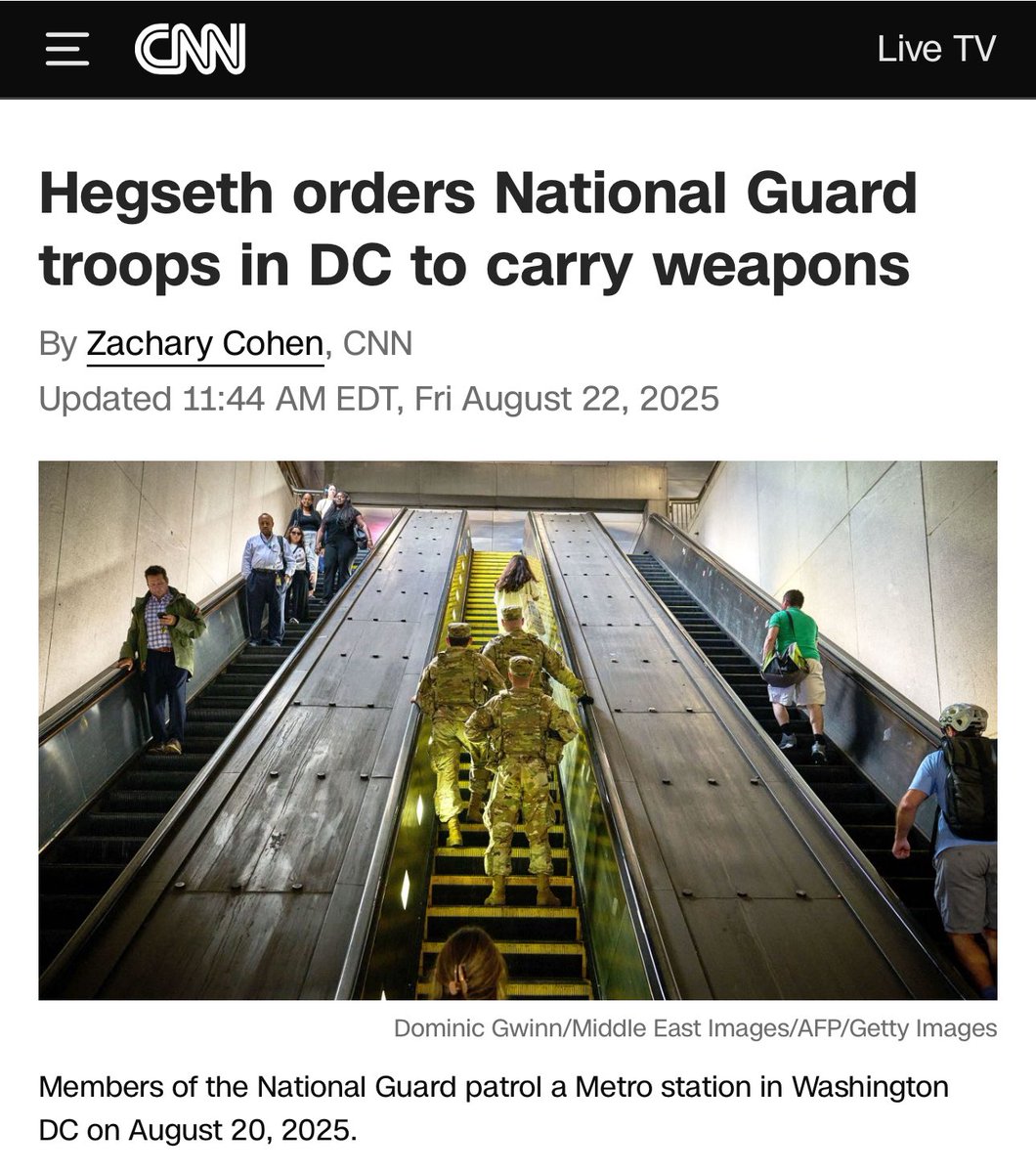 GenXGirl1994's tweet image. National Guard has been armed by Hegseth
cnn.com/2025/08/22/pol…