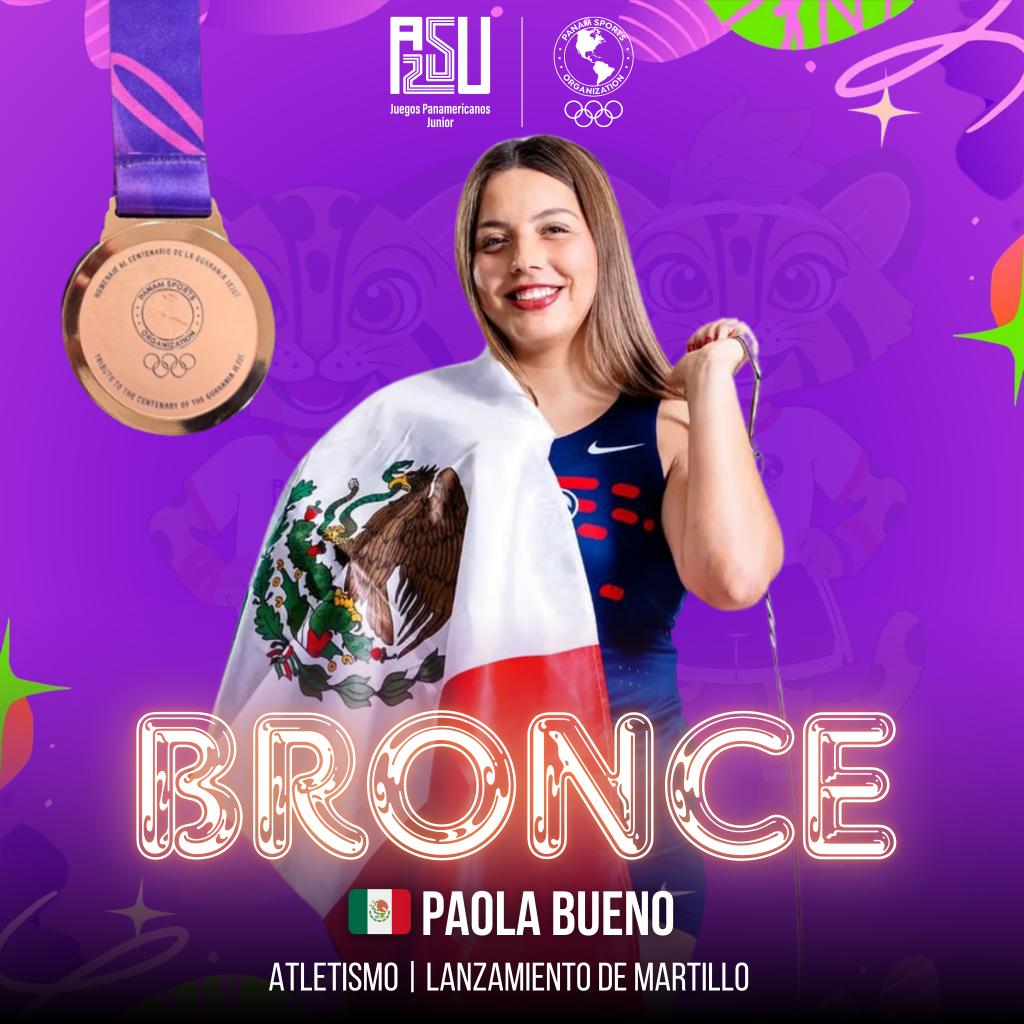 #Asunción2025 🇵🇾
¡Medalla de Bronce para México! 🥉🇲🇽

👏🏻Paola Bueno se cuelga la medalla de bronce en la final de Lanzamiento de Martillo, registro una distancia de 61.84 en su mejor intento 💪🏻

#Mexico #Atletismo