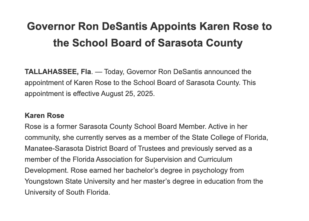 Ron DeSantis just appointed someone to the school board in Sarasota County one year after voters in Sarasota County threw her off their School Board.