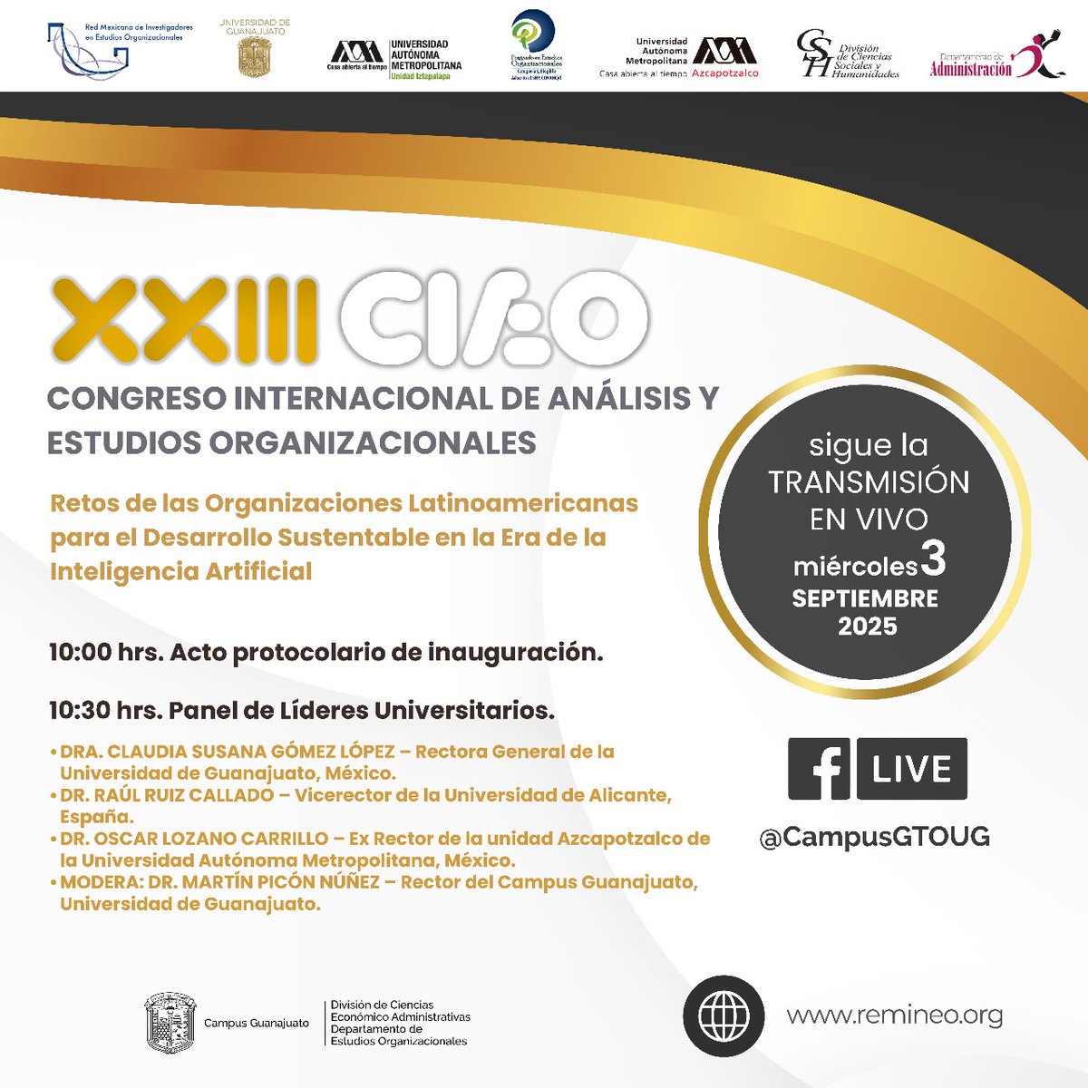 🔴 EN VIVO | INAUGURACIÓN
XXIII CIAEO - Congreso Internacional
Retos de las Organizaciones Latinoamericanas para el Desarrollo Sustentable en la Era de la IA

🗓️ 3 de septiembre de 2025
⏰ 10:00 hrs - Acto inaugural

👉 Transmisión en vivo por FB:
@CampusGTOUG
¡No te lo pierdas