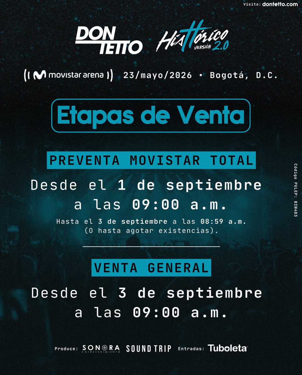 Prepárense para adquirir sus entradas al Histórico 2.0 ✨, este 23 de mayo de 2026 volveremos al @movistararenaco para vivir un nuevo show como ningún otro 🔥

¡Entradas disponibles este 1 de septiembre en @tuboleta! 🎟️
