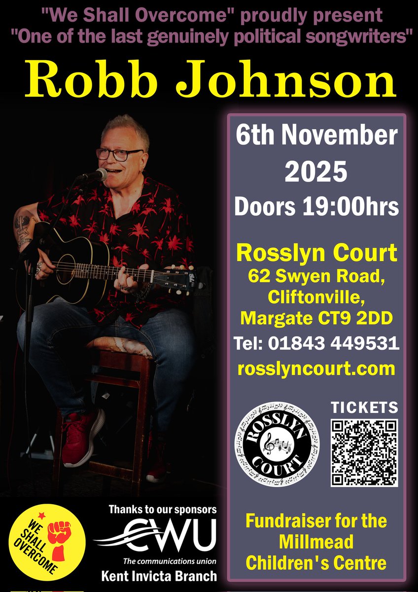BottomBottomley's tweet image. Robb Johnson is coming to #Margate to play a benefit gig in support of the Millmead Children's Centre. 

Rosslyn Court on 6th November!

Not to be missed!

#RobbJohnson #Kent #Folk #livemusic #RosslynCourt