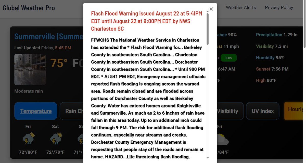 Allen Floyd (@alfloyd71) on Twitter photo #FlashFlood #Flood #SCwx
<a href="/NWSFlashFlood/">@NWSFlashFlood</a> has issued a Flash Flood Warning for Summerville SC, Goose Creek SC and Ladson SC until 9:00 PM EDT
globalweatherpro.com/weather-alerts… #FlashFlood #Flood #SCwx
<a href="/NWSFlashFlood/">@NWSFlashFlood</a> has issued a Flash Flood Warning for Summerville SC, Goose Creek SC and Ladson SC until 9:00 PM EDT
globalweatherpro.com/weather-alerts…