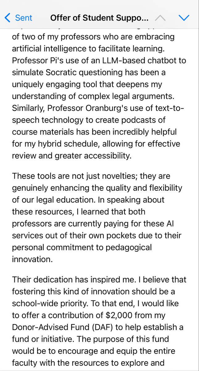 法学院开学第二天
这学期的两个教授使用AI教学非常优秀
一个教授用LLM做成的聊天室模仿苏格拉底式提问
一个教授把他的教材用自己的克隆声音转换成播客
为了表达支持，捐款$2000鼓励所有老师使用AI工具
就是不知道在校学生捐款是否有利益冲突