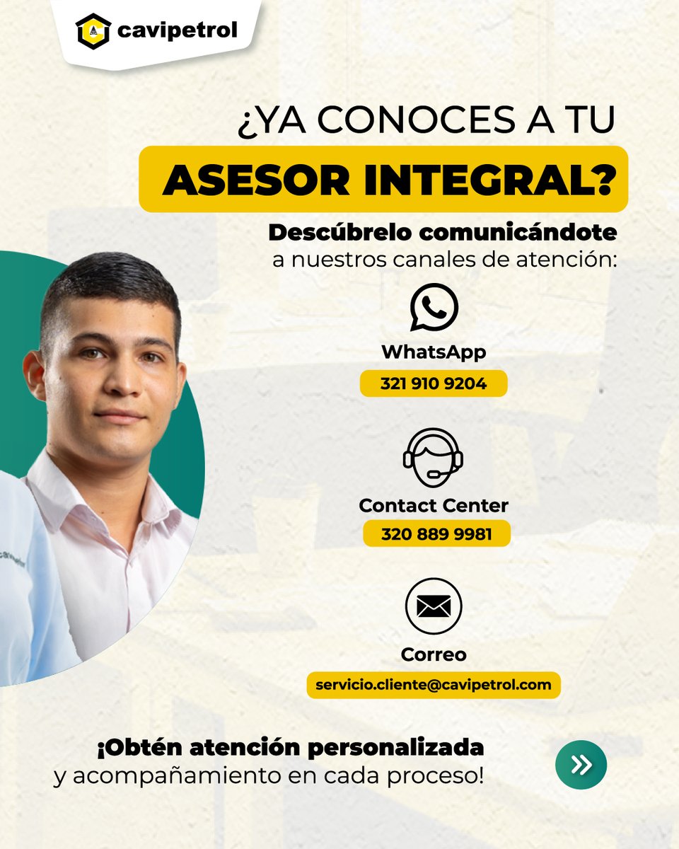 Cavipetrol's tweet photo. ¿Tienes dudas o necesitas enviar documentos? 📩
Tu Asesor Integral está listo para ayudarte:
✅ Responde por WhatsApp
✅ Envía y recibe documentos
✅ Atiende tus solicitudes a tiempo

Conoce más aquí: https://t.co/8X9k06RyQp 

#Cavipetrol #AsesorIntegral #EvolucionamosContigo https://t.co/4j8t0C1Anm