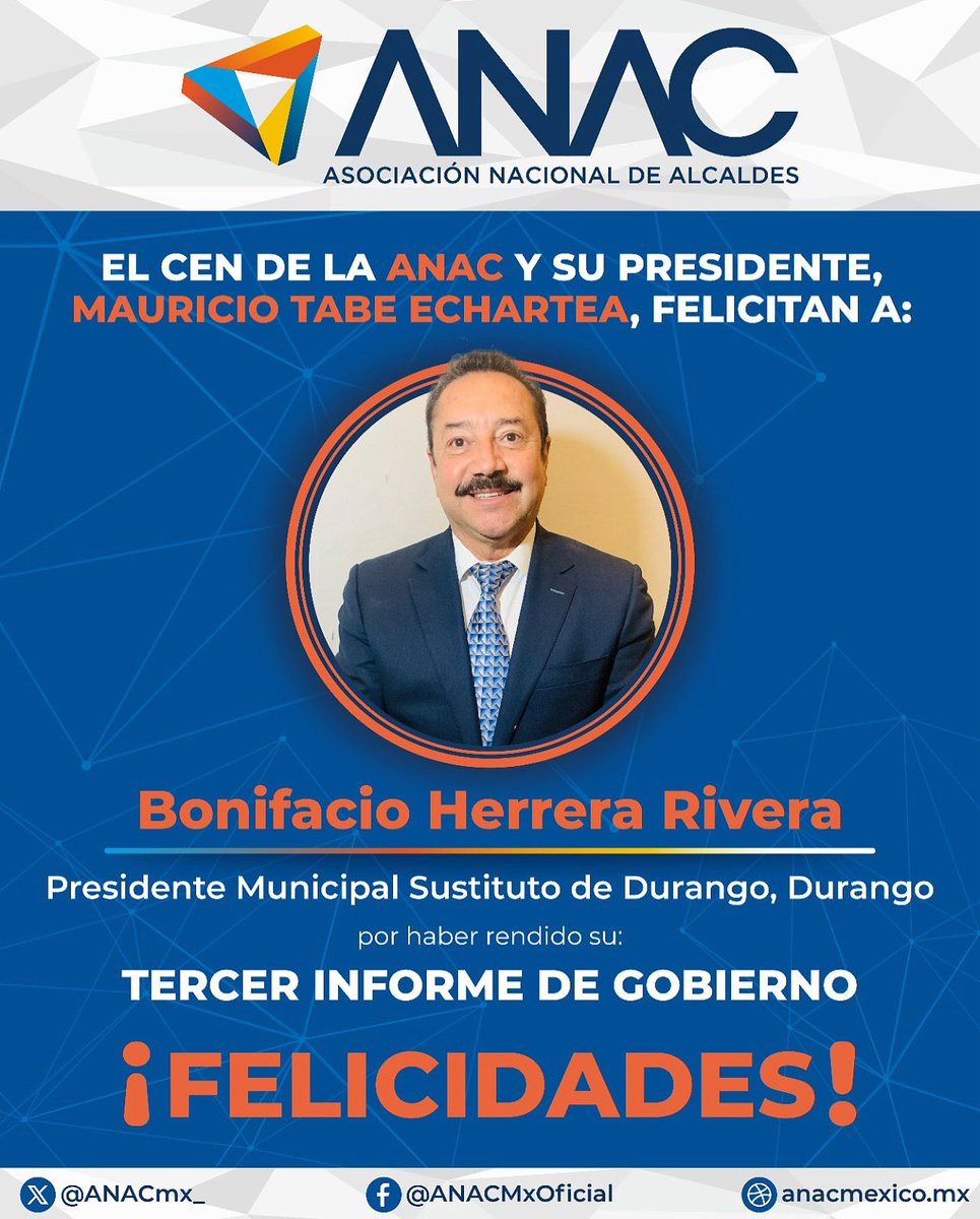 ANACmx_'s tweet photo. Desde la ANAC extendemos una enorme felicitación a Bonifacio Herrera Rivera por su gran trabajo como Presidente Municipal Sustituto de Durango Capital. 

¡Enhorabuena por su tercer informe! 👏🏼 https://t.co/X22Ba4Tdl6