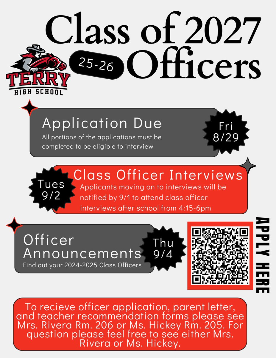 🚨 Attention <a href="/Terry_Rangers/">Terry High School - Lamar CISD</a> Juniors! 🚨
Want to make a difference and lead your class? 🌟 Class Officer applications are NOW OPEN! Don't miss your chance to represent your peers and create unforgettable memories. Apply today and be the change you want to see! 🗳️ #BeTheChange