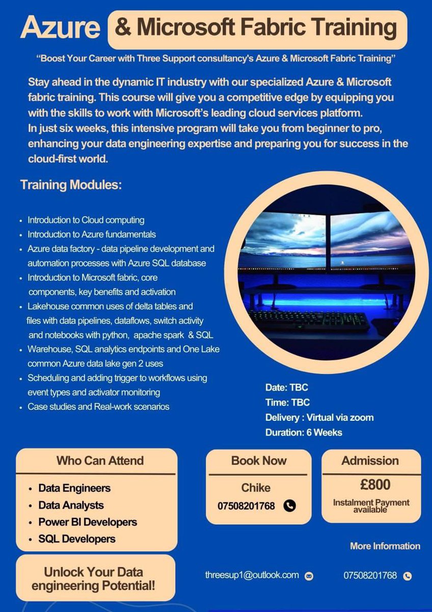 The registration for our next Azure &amp; Microsoft Fabric training is now open. See our flyer for more details for enquiries contact threesup1@outlook.com #dataanalytics #businessintelligence #powerbi #Azure #MicrosoftFabric