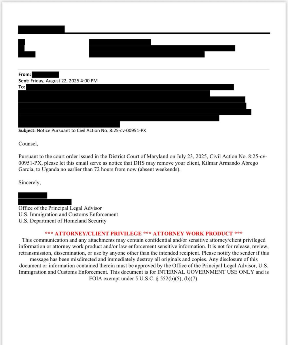 BREAKING: DHS/ICE just notified Kilmar Abrego Garcia they may deport him to UGANDA 72 hours from now, just after he was released from U.S. custody in TN. 

U.S. Judge Xinis said in her order that ICE cannot arrest Abrego, but it looks like they may try to ignore &amp; do so anyways.