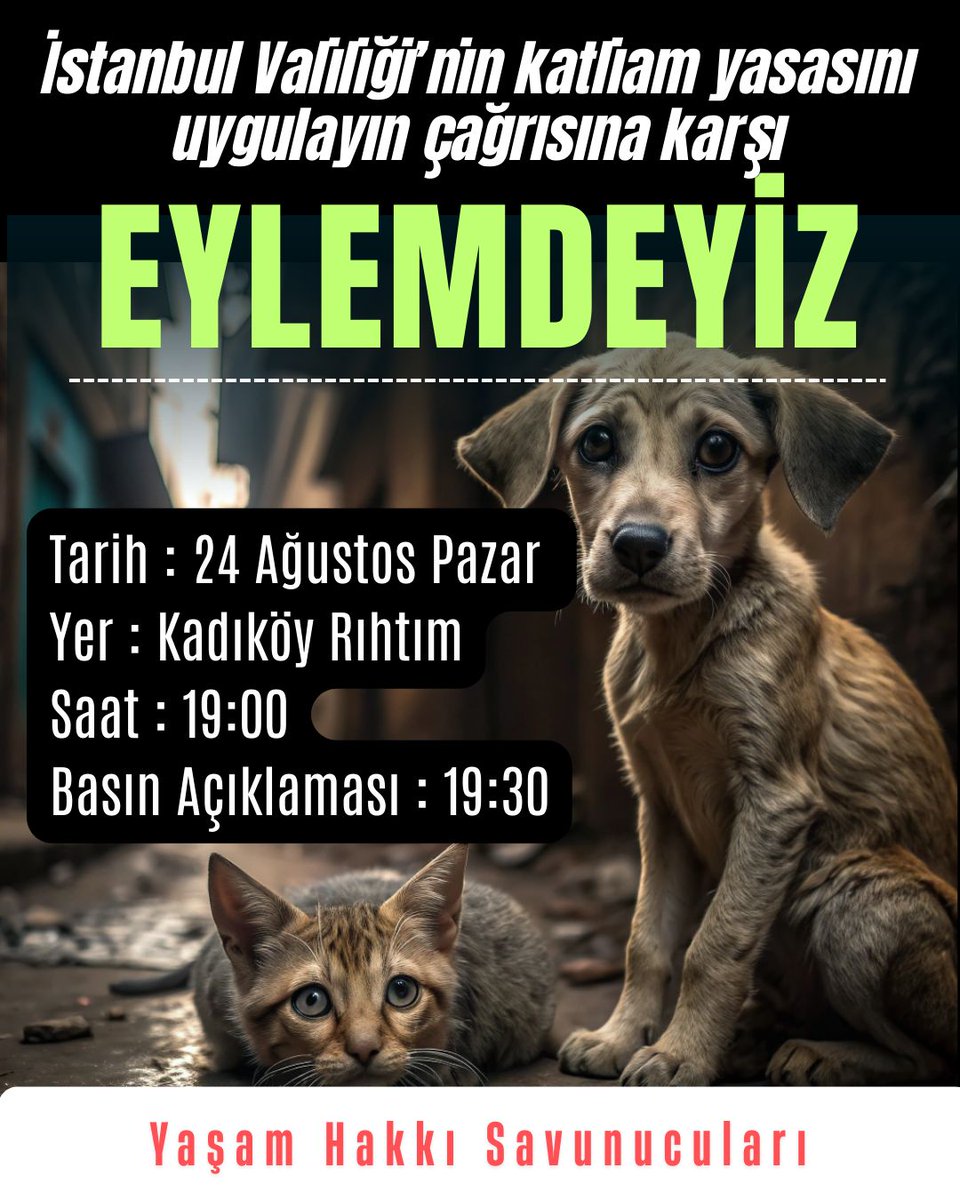 📍 24 Ağustos Pazar – Kadıköy Rıhtım
🕖 19:00 | Basın Açıklaması: 19:30

İstanbul Valiliği’nin kedi ve köpekleri belediyelerin ölüm, zulüm, vahşet alanlarına sürgün eden kararını REDDEDİYORUZ!

Susma!
Bugün susarsak, yarın çok geç olacak!
Onların sesi ol!