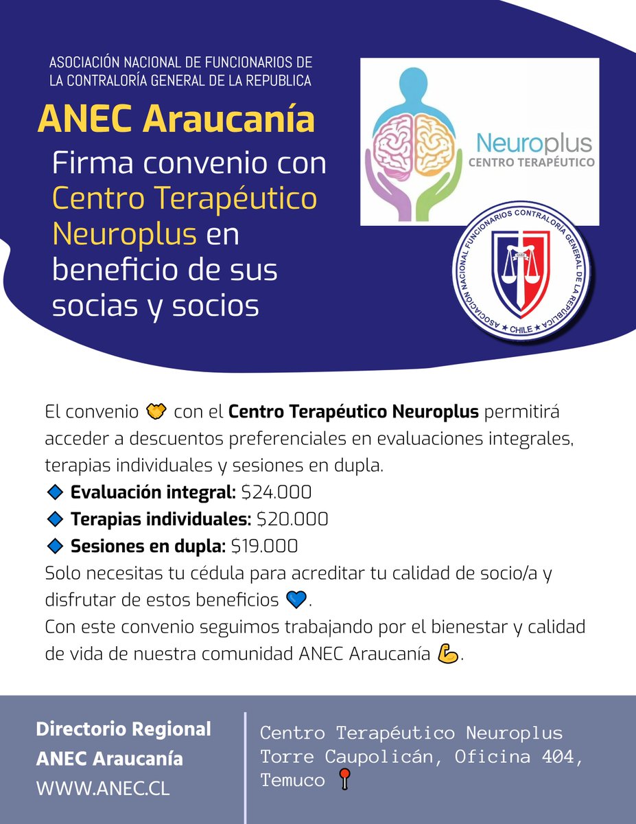 ✨ ¡Buenas noticias para nuestras socias y socios! ✨

💪 ANEC Araucanía firmó un convenio con el Centro Terapéutico Neuroplus en Temuco 

🔹 Evaluación integral: $24.000
🔹 Terapias individuales: $20.000
🔹 Sesiones en dupla: $19.000

👉 LINK A LA NOTICIA anec.cl/noticias2025/a…