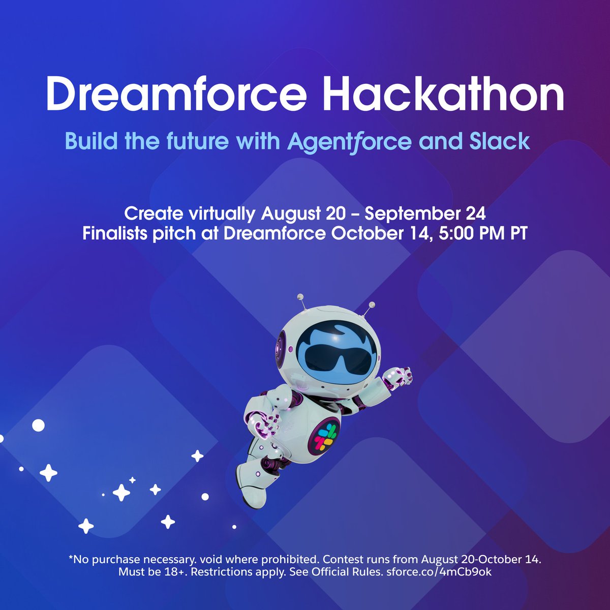 Petrovick's tweet image. Build the future with Agentforce and Slack at the #DF25 Hackathon.

🛠️ Build your use case virtually 
🤝 Compete alongside fellow Agentblazers
💰 Submit your solution for a chance to pitch and win big prizes

Register now: sforce.co/DF25Hackathon
Terms apply. #SFContest
