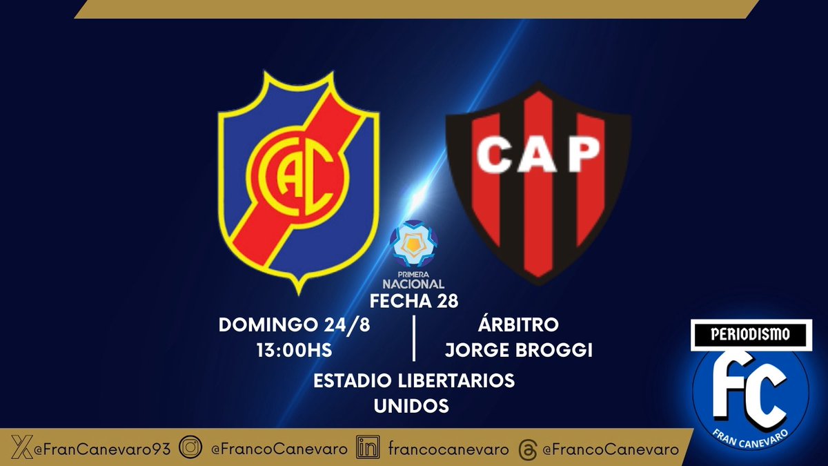 #Colegiales 🇷🇴 |#PrimeraNacional
🏆Primera Nacional - Fecha 28
🆚 Patronato
🗓️ Domingo 24 de Agosto 
🕛 13:00hs
🏟️ Libertarios Unidos
👨🏻‍⚖️ Jorge Broggi