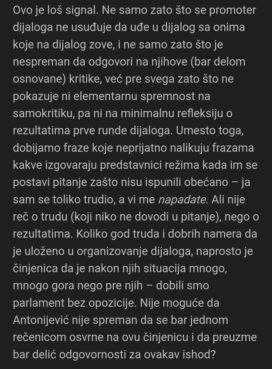 U svoje veće životne uspehe ubrajam i to što sam pravovremeno prozreo ovog dijaložača <a href="/AntonMilan/">Milan Antonijević</a> i njegov projekat normalizacije režima. Još uvek vrti iste fraze (dijalog, institucije, vladavina prava) sa istim ciljem, samo ga sad svi provaljuju.

pescanik.net/dijalog-i-odgo…