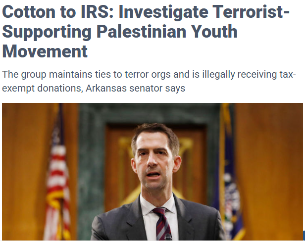 JewsFightBack's tweet photo. 🚨BREAKING
 Sen. Tom Cotton DEMANDS the IRS investigate the terrorist-supporting Palestinian Youth Movement (PYM)

Buckle up. This isn’t “student activism.” It’s terror financing on U.S. soil. 🧵👇 https://t.co/vn3m50OnKS