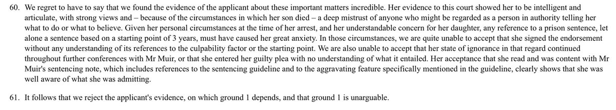In her Daily Telegraph interview today (screenshots 1, 2), Lucy Connolly claims that the 31 month sentence she received was “a huge shock”. But the Court of Appeal (screenshots 3, 4) disbelieved her evidence that she did not understand the consequences of deciding to plead guilty