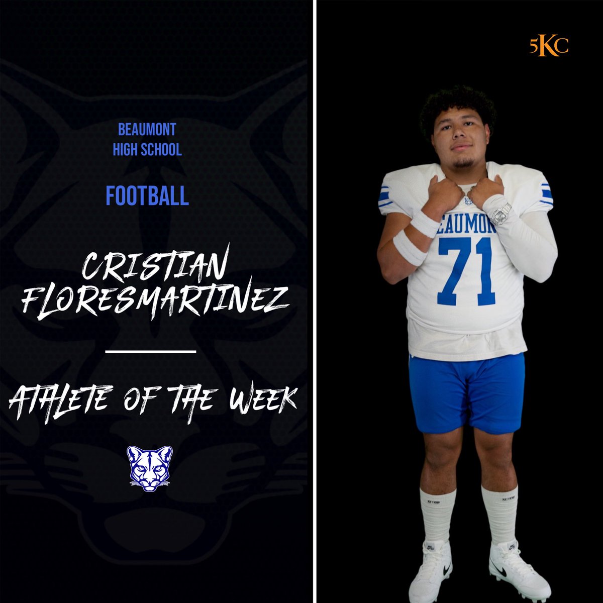 Our @5thkindcreations Athlete of the Week is Cristian Floresmartinez! He anchored the offensive line that helped put up 51 points last night against San Jacinto!