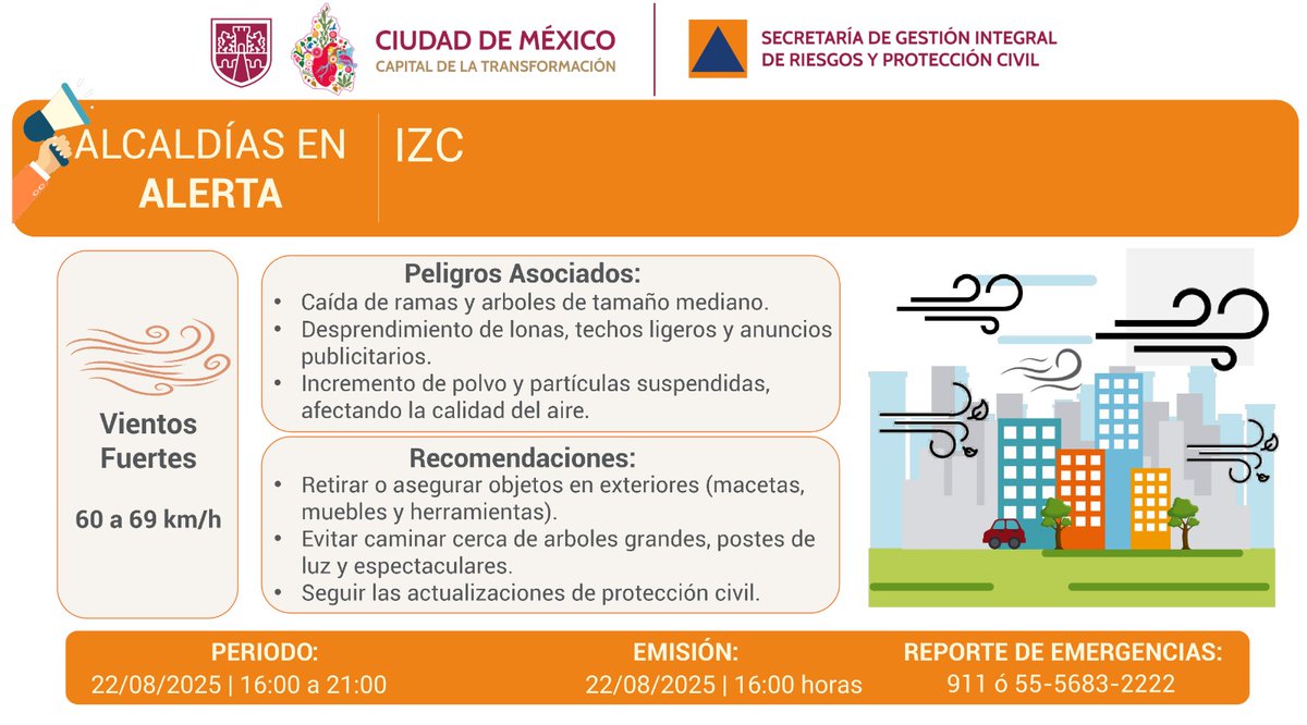 SGIRPC_CDMX's tweet photo. Se activa #AlertaNaranja por persistencia de #vientos con rachas fuertes para la tarde y noche del viernes 22/08/2025 en la demarcación: @IztacalcoAl. #PronósticoDelTiempo #LaPrevenciónEsNuestraFuerza https://t.co/t7rgMPHaCe