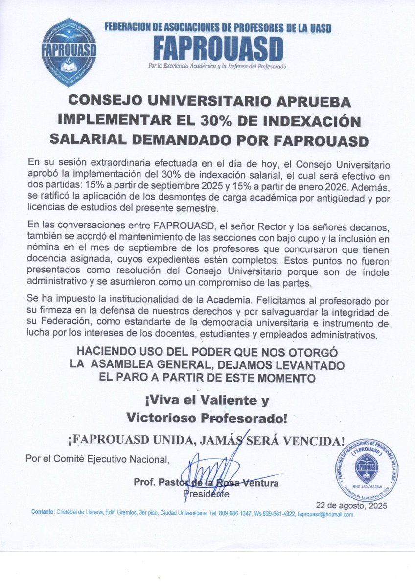 El Consejo Universitario aprobó la implementación del 𝟯𝟬% 𝗱𝗲 𝗶𝗻𝗱𝗲𝘅𝗮𝗰𝗶ó𝗻 𝘀𝗮𝗹𝗮𝗿𝗶𝗮𝗹.

Gracias a la firmeza y unidad de todos, 𝗲𝗹 𝗽𝗮𝗿𝗼 𝗵𝗮 𝘀𝗶𝗱𝗼 𝗹𝗲𝘃𝗮𝗻𝘁𝗮𝗱𝗼 𝗮 𝗽𝗮𝗿𝘁𝗶𝗿 𝗱𝗲 𝗲𝘀𝘁𝗲 𝗺𝗼𝗺𝗲𝗻𝘁𝗼.

Viva el valiente y victorioso profesorado!