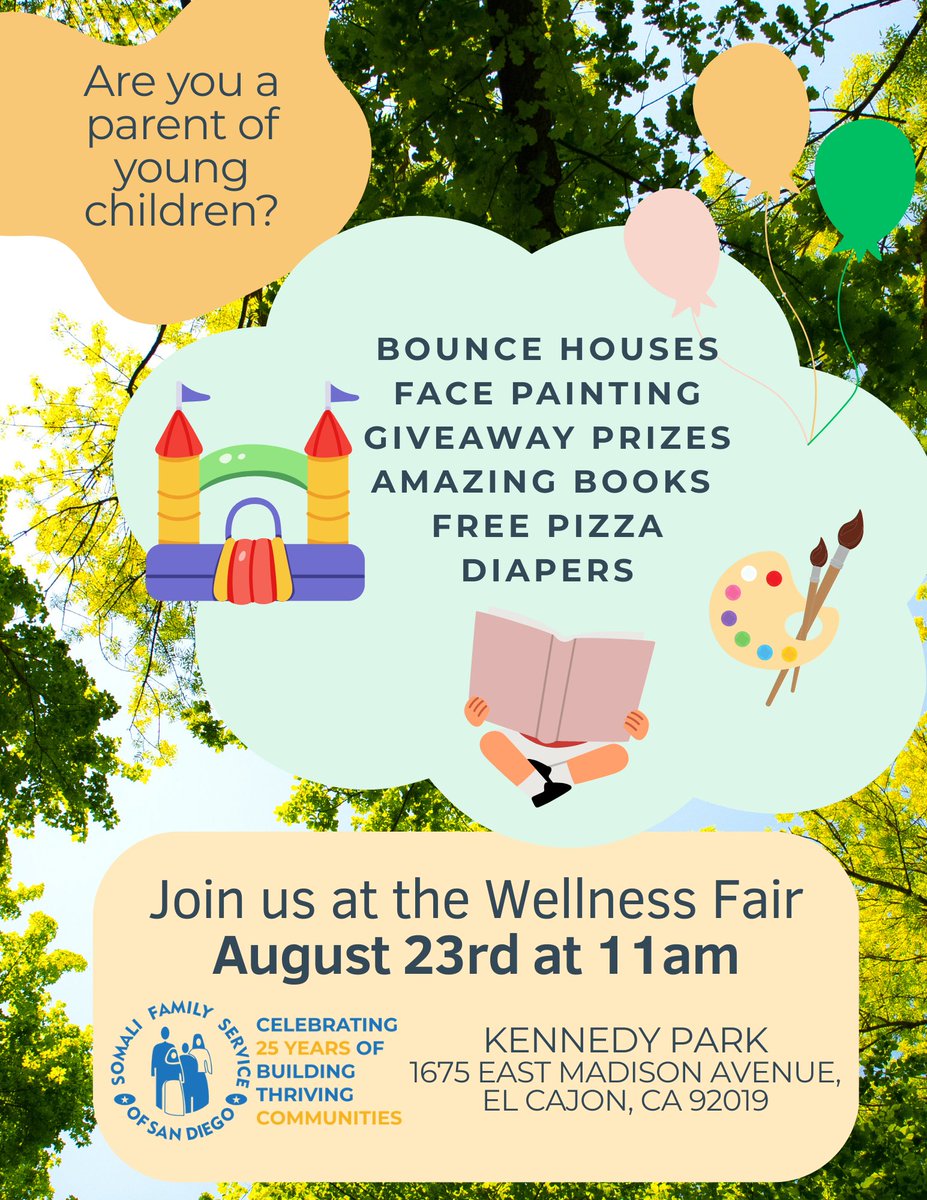 Somali Family Service invites you to a Wellness Fair, Saturday, August 23rd starting at 11am, at Kennedy Park, 1675 East Madison Avenue, El Cajon, CA 92019. This event offers resources for families, (while supplies last), and fun activities for young children! Free to attend!